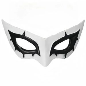 Máscara branca do Joker, de Persona 5, com contorno preto nos olhos, vista de frente
