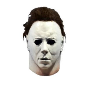 Máscara do Michael Myers, de Halloween, com rosto branco e cabelo castanho, vista de frente