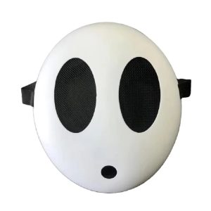 Máscara branca do Shy Guy, de Super Mario, com olhos ovais de tela e boca redonda