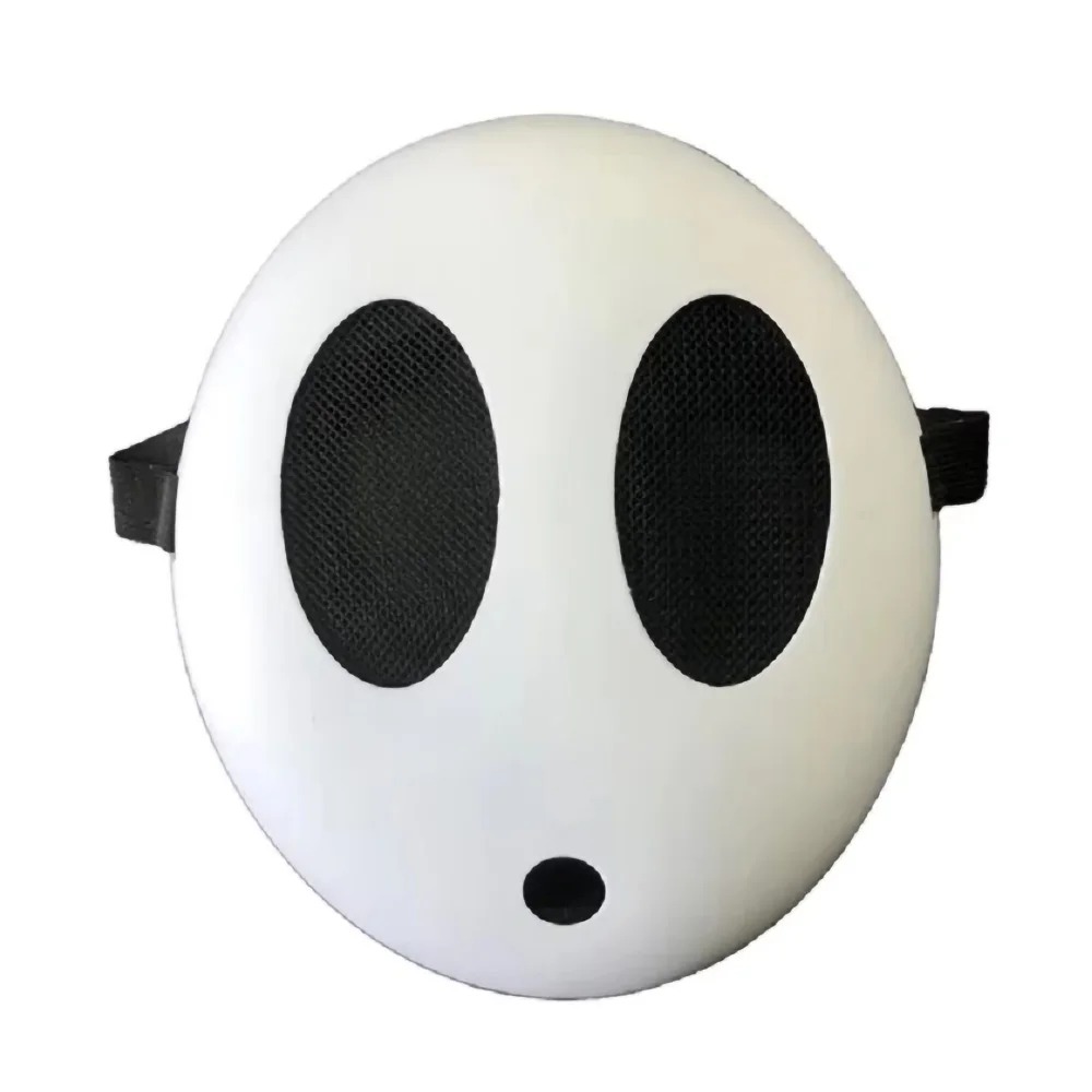 Máscara branca do Shy Guy, de Super Mario, com olhos ovais de tela e boca redonda