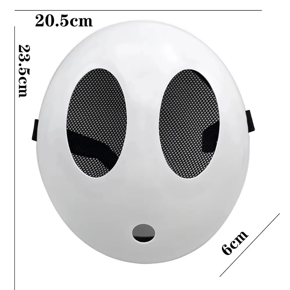 Medidas da máscara do Shy Guy de Super Mario: 20,5 por 23,5 cm e 6 cm de profundidade