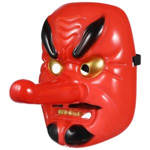 Máscara Tengu vermelha de plástico com nariz longo, olhos dourados e sobrancelhas pretas, do folclore japonês