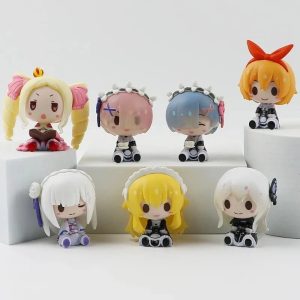 Mini figures chibi de Re:Zero sentadas: Beatrice, Ram, Rem, Emilia e outras personagens em fundo claro