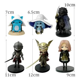 Seis mini figures de Elden Ring com medidas: Ranni, Ranni gato, Melina, Malenia, Blaidd e um cavaleiro