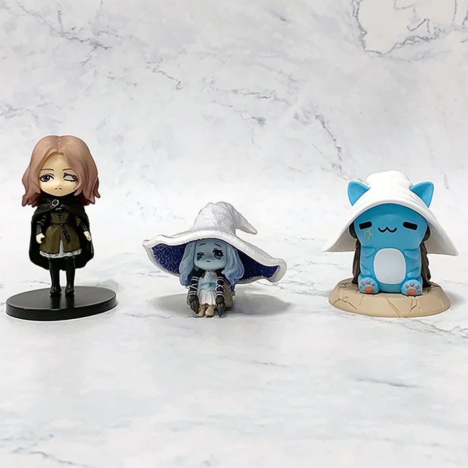 Mini figures de Melina, Ranni e Ranni gato de Elden Ring sobre bases pretas