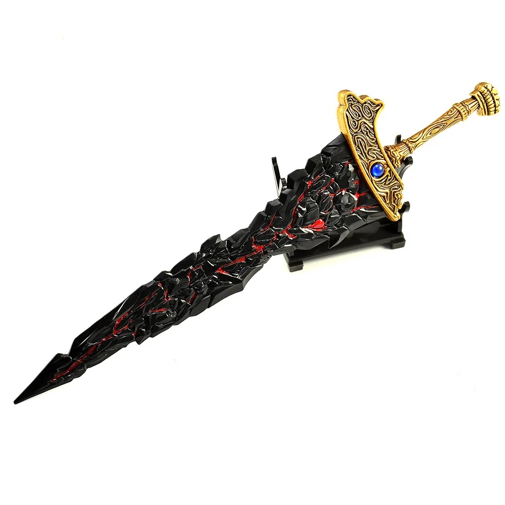 Miniatura da Black Blade do Maliketh, de Elden Ring, com lâmina escura e cabo dourado sobre suporte