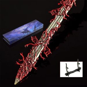 Miniatura da espada Blasphemous Blade, de Elden Ring, em metal vermelho e prata, 30 cm