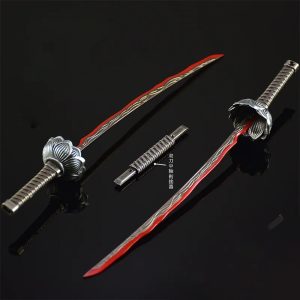 Miniatura da Eleonora's Poleblade, de Elden Ring, lâmina curva vermelha e cabo de metal ao lado da bainha