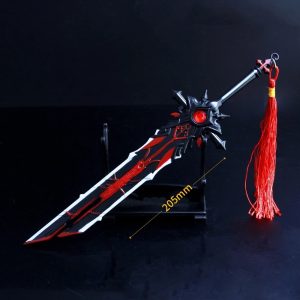 Miniatura da espada do Diluc preta e vermelha com fita vermelha sobre suporte, Genshin Impact