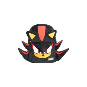 Mochila de pelúcia preta com o rosto do Shadow de Sonic, espetos vermelhos e olhos vermelhos