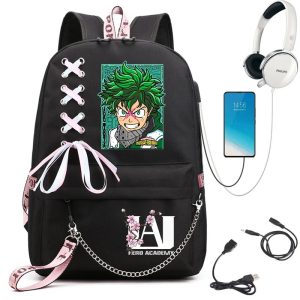 Mochila preta de Oxford com a ilustração do Deku, laços rosa, corrente e logo U.A., de My Hero Academia