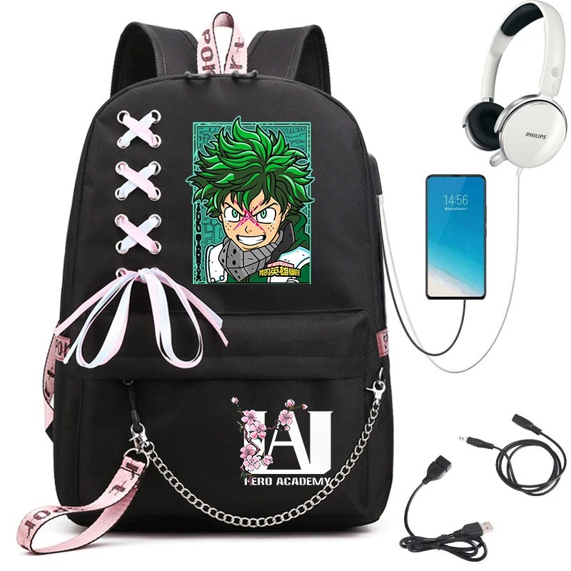 Mochila preta de Oxford com a ilustração do Deku, laços rosa, corrente e logo U.A., de My Hero Academia