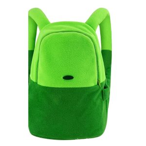 Mochila de pelúcia verde em dois tons no estilo do Finn, de Hora de Aventura, vista de frente