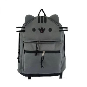 Mochila cinza escuro do gato Pusheen com orelhinhas, rosto estampado e bolso frontal com zíper