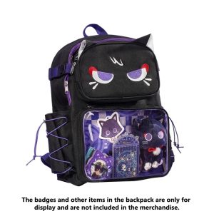Mochila preta e roxa do Wanderer, de Genshin Impact, com orelhas de gato e janela transparente