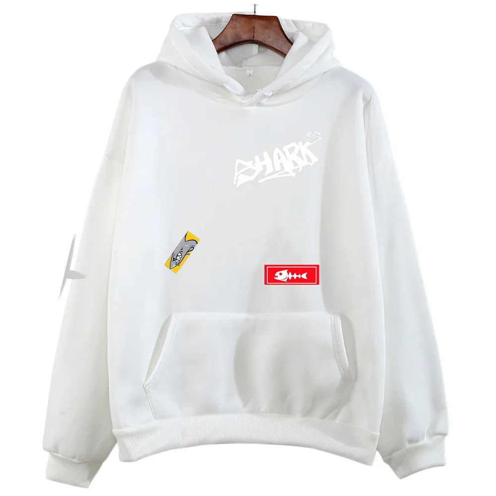 Moletom branco com capuz e estampa SHARK inspirada na Ellen Joe, de Zenless Zone Zero