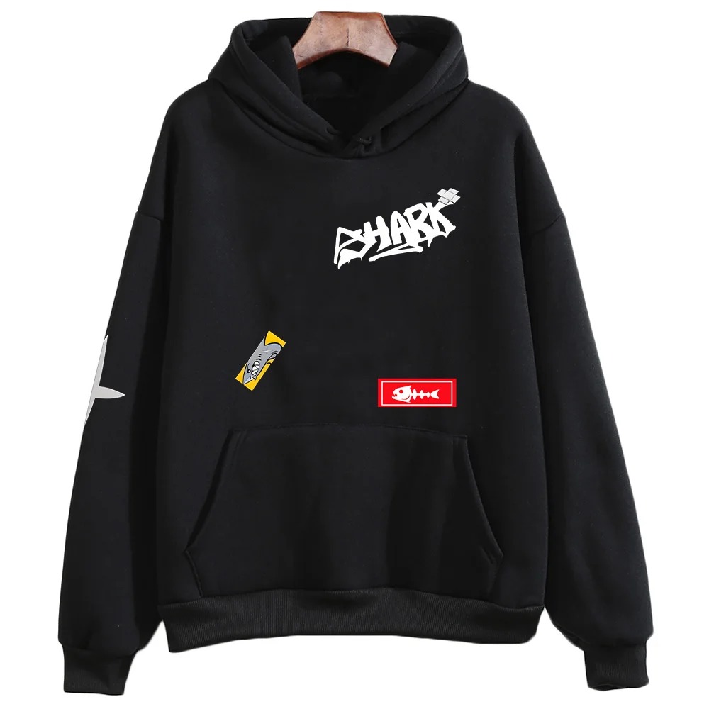 Moletom preto com capuz e estampa SHARK inspirada na Ellen Joe, de Zenless Zone Zero