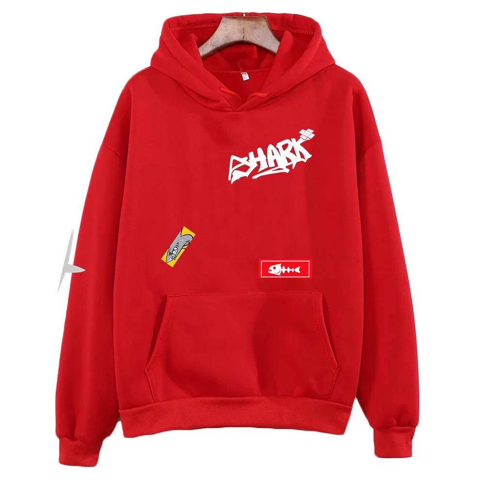 Moletom vermelho com capuz e estampa SHARK inspirada na Ellen Joe, de Zenless Zone Zero