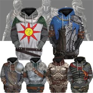 Painel com seis moletons de Dark Souls com estampa 3D de armaduras, com o traje do sol de Solaire em destaque