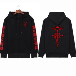 Moletom preto com zíper e capuz de Fullmetal Alchemist, de frente e de costas, com o símbolo flamel em vermelho