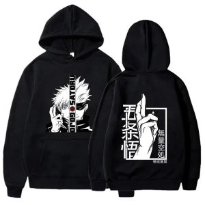 Moletom preto com capuz e estampa do Satoru Gojo, de Jujutsu Kaisen, vista da frente e das costas
