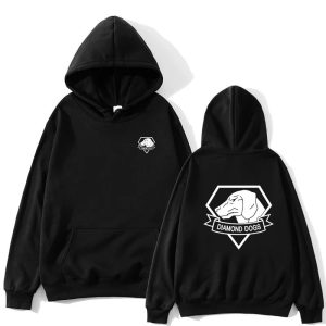 Moletom preto com capuz e emblema Diamond Dogs de Metal Gear Solid V, frente e costas