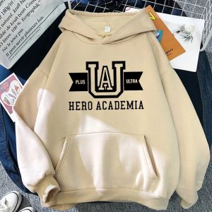 Moletom bege com capuz e bolso de My Hero Academia, com o logotipo U.A. Plus Ultra em preto