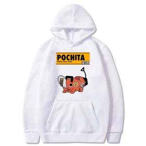 Moletom branco com capuz e bolso canguru com o Pochita, de Chainsaw Man, na frente