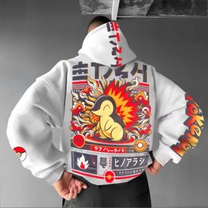 Moletom branco com capuz e arte do Cyndaquil, de Pokémon, nas costas e na manga