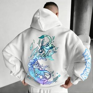Moletom branco com capuz e arte do Glaceon, de Pokémon, nas costas e na manga