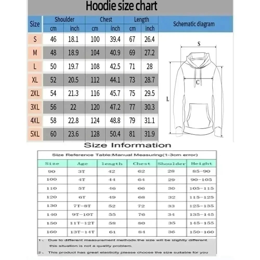 Tabela de medidas em cm do moletom com capuz de Pokémon, do S ao 5XL
