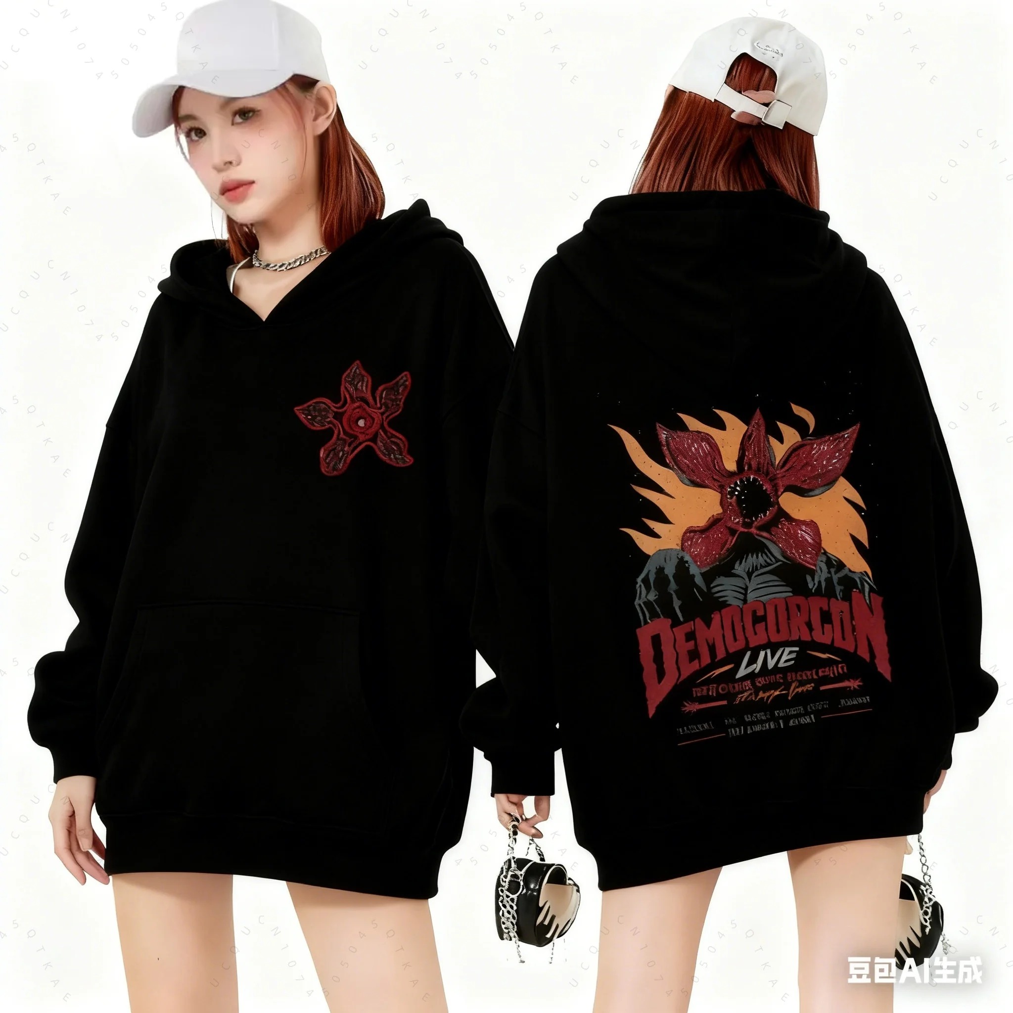 Moletom preto com capuz de Stranger Things, flor do Demogorgon no peito e arte Demogorgon Live nas costas