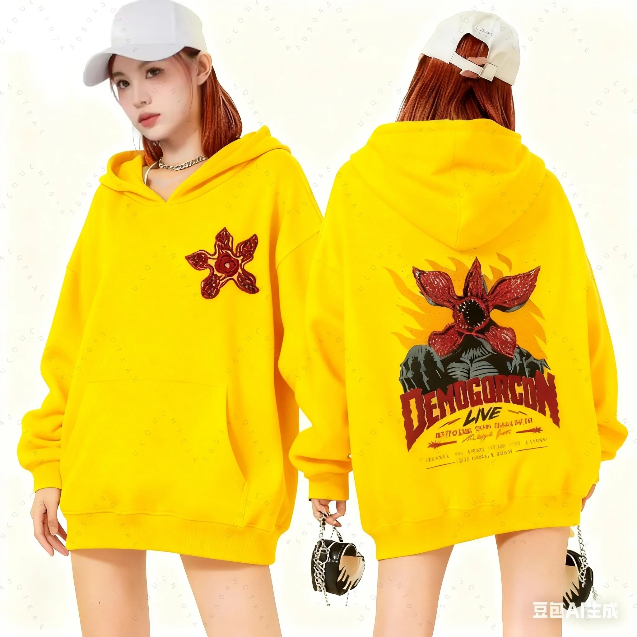 Moletom amarelo com capuz e estampa do Demogorgon de Stranger Things, vistas da frente e das costas