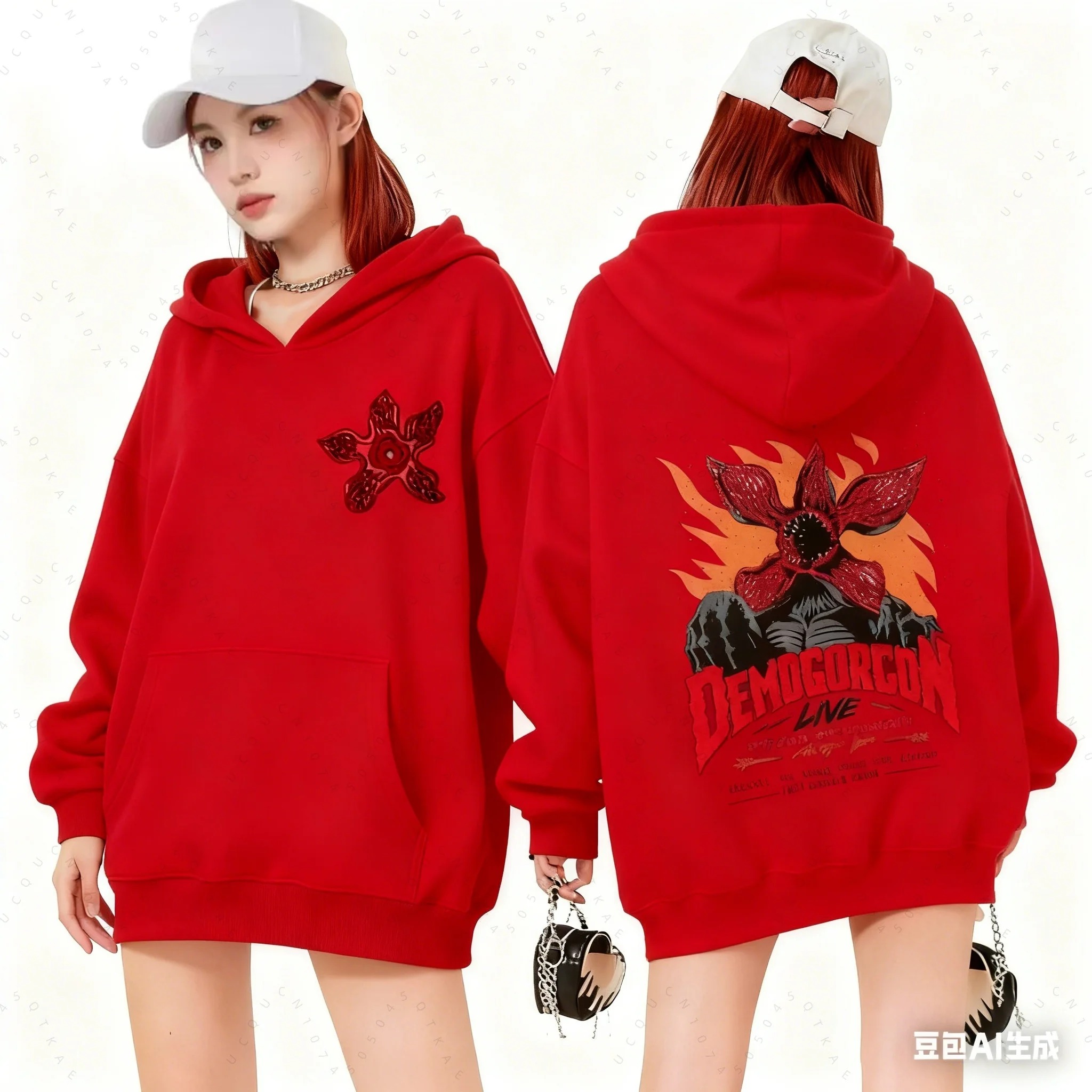 Moletom vermelho com capuz e estampa do Demogorgon de Stranger Things, vistas da frente e das costas