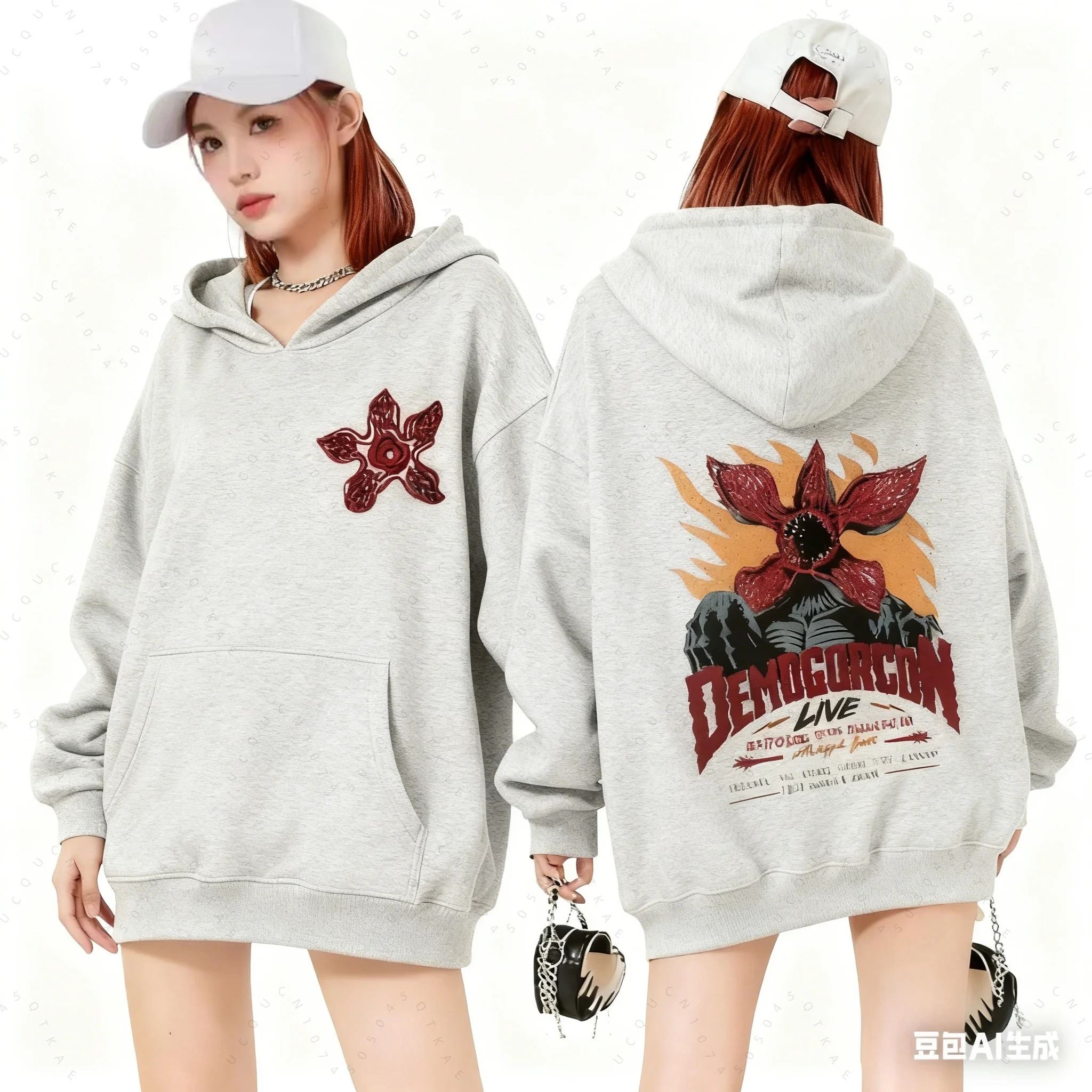 Moletom cinza com capuz e bolso canguru, com a flor do Demogorgon de Stranger Things