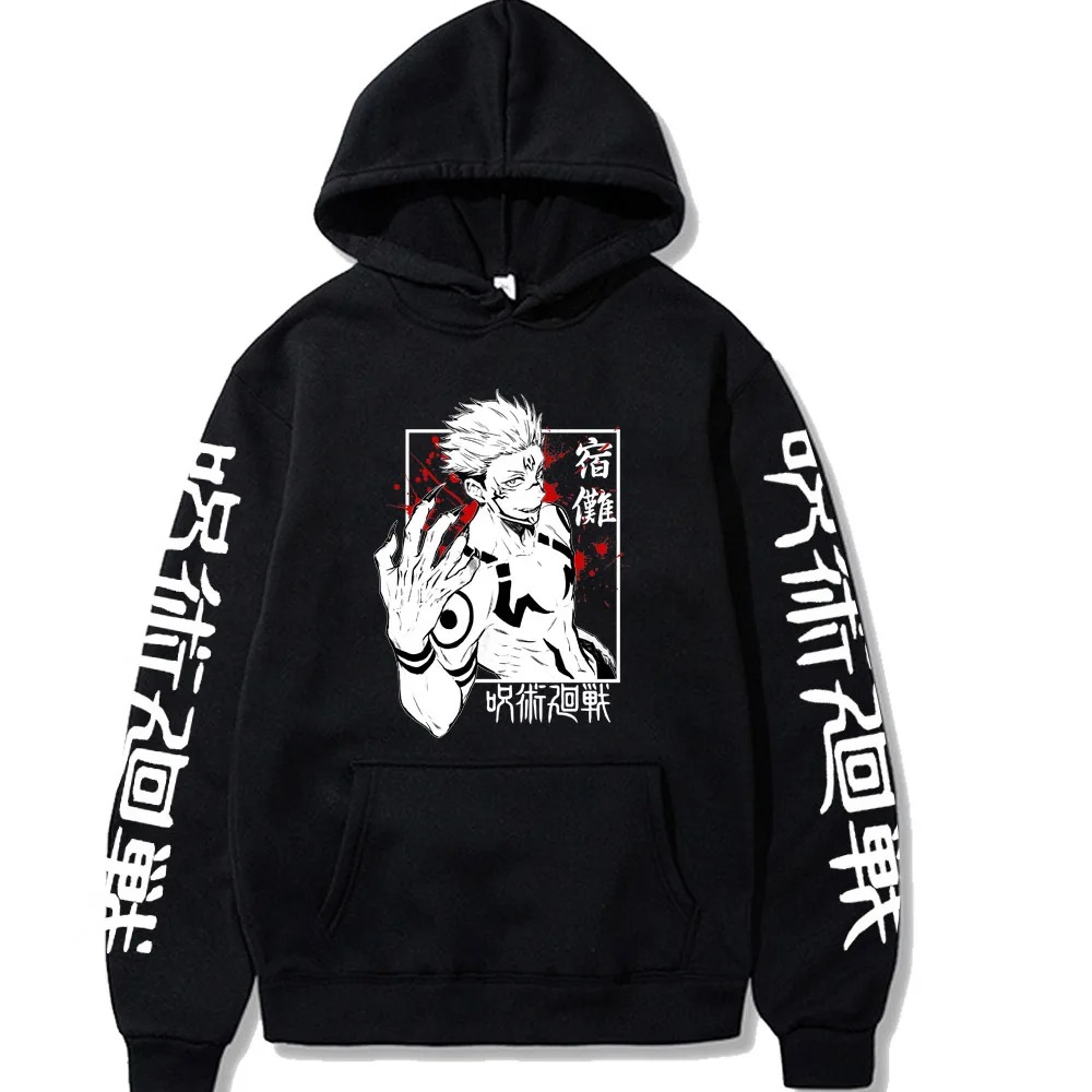 Moletom preto com capuz, arte do Ryomen Sukuna no peito e ideogramas nas mangas, de Jujutsu Kaisen