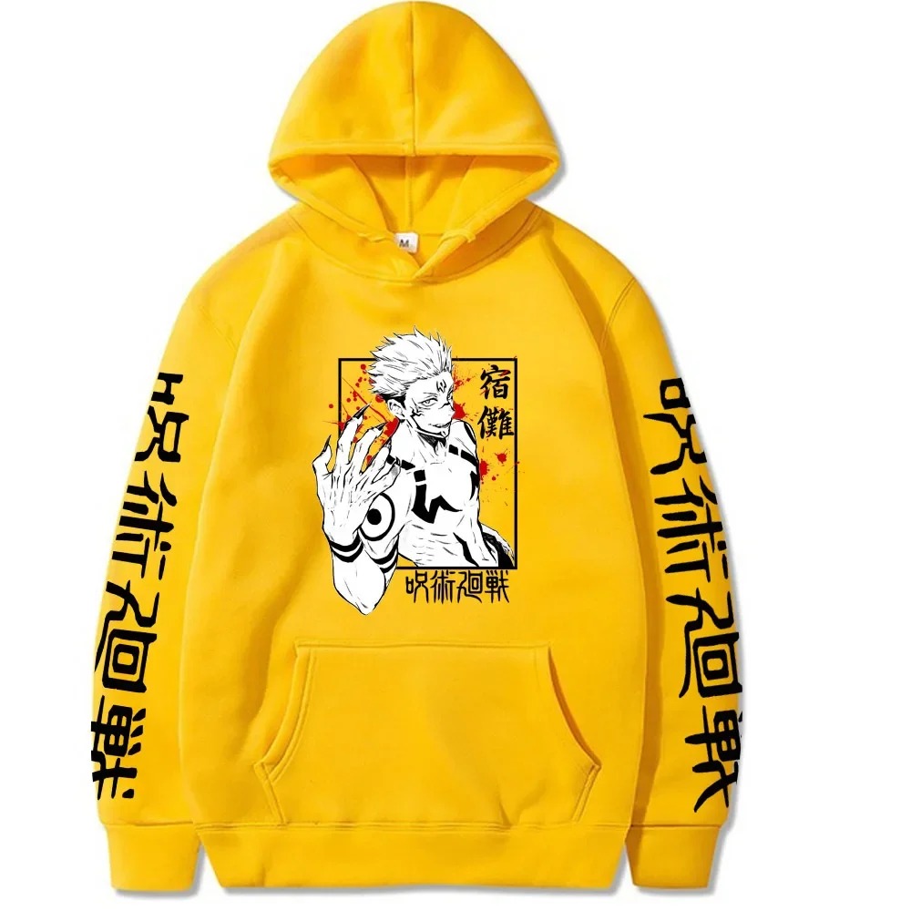 Moletom amarelo com capuz, arte do Ryomen Sukuna no peito e ideogramas nas mangas, de Jujutsu Kaisen