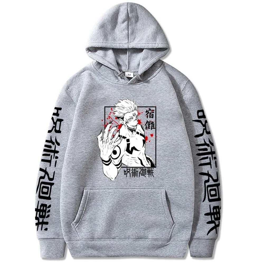 Moletom cinza com capuz, arte do Ryomen Sukuna no peito e ideogramas nas mangas, de Jujutsu Kaisen