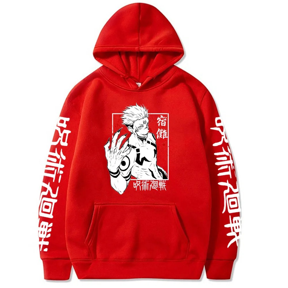 Moletom vermelho com capuz, arte do Ryomen Sukuna no peito e ideogramas brancos nas mangas, de Jujutsu Kaisen