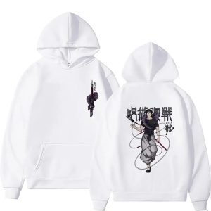 Moletom branco com capuz, frente e costas, com arte do Toji Fushiguro de Jujutsu Kaisen