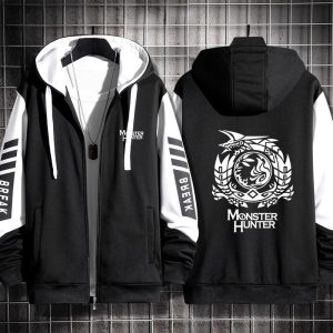 Moletom preto e branco com zíper e capuz com emblema de Monster Hunter nas costas
