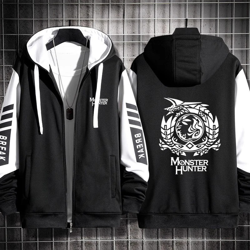 Moletom preto e branco com zíper e capuz com emblema de Monster Hunter nas costas