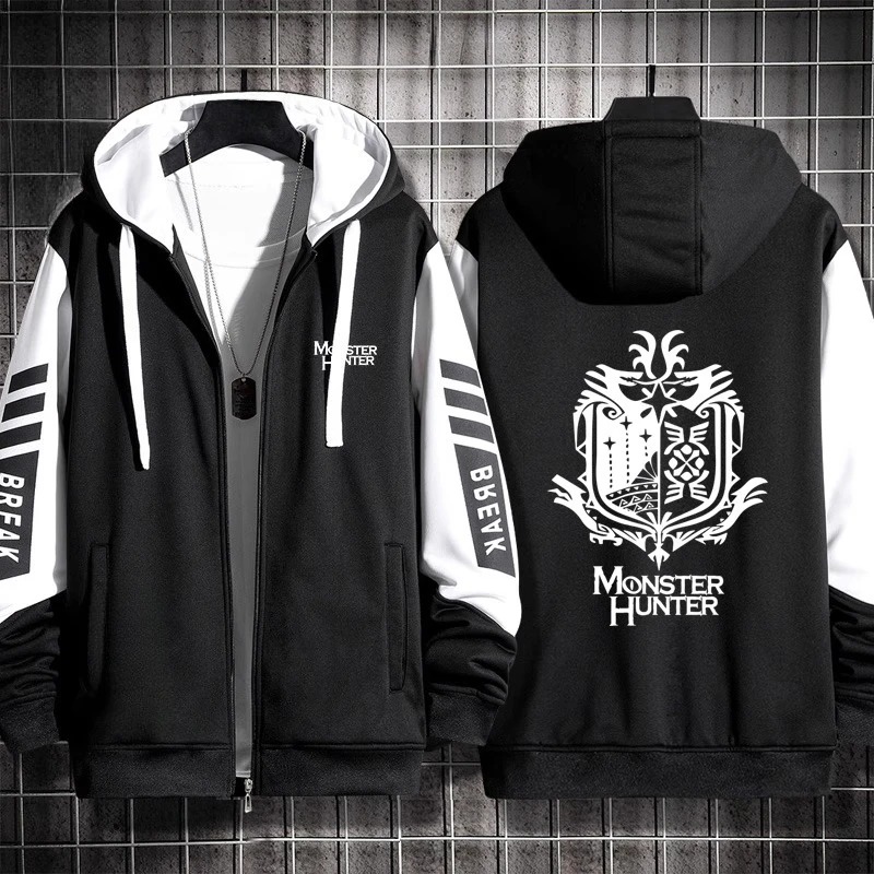 Moletom preto com zíper e capuz com emblema de escudo de Monster Hunter nas costas