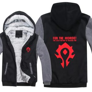 Moletom preto com mangas cinza, capuz forrado e brasão vermelho da Horda de World of Warcraft nas costas