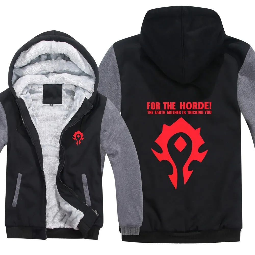 Moletom preto com mangas cinza, capuz forrado e brasão vermelho da Horda de World of Warcraft nas costas