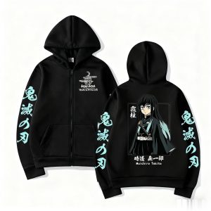 Moletom preto com zíper do Muichiro Tokito, de Demon Slayer, de frente e de costas, com kanji nas mangas