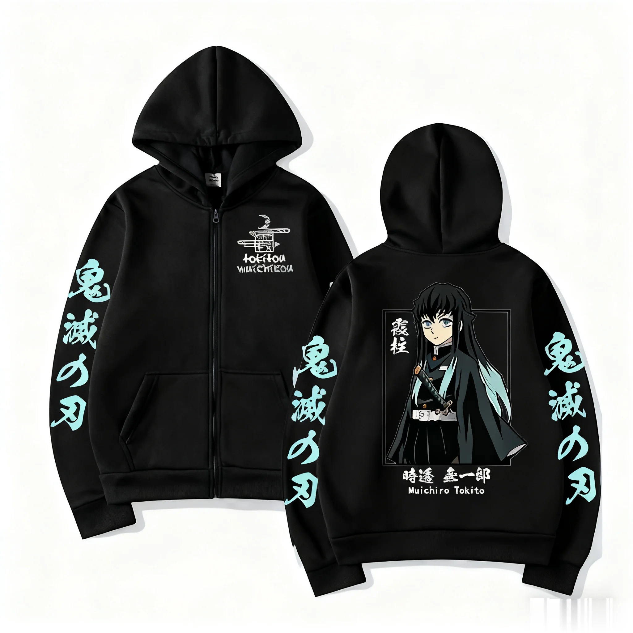 Moletom preto com zíper do Muichiro Tokito, de Demon Slayer, de frente e de costas, com kanji nas mangas