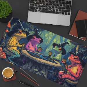 Mousepad com sapos magos de chapéu de bruxo jogando cartas, sobre uma mesa ao lado de teclado e livros
