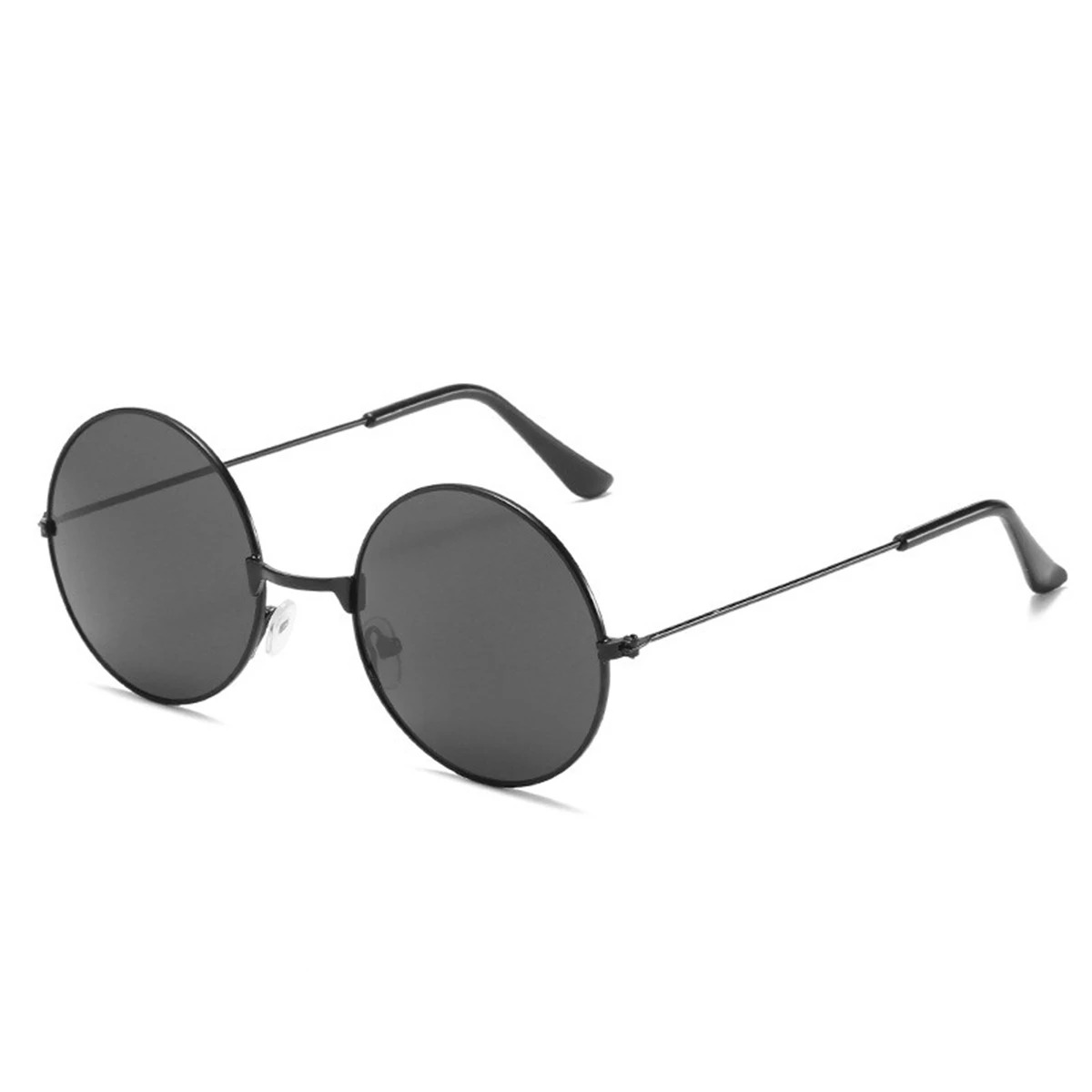 Óculos redondo preto com lentes escuras visto de lado, acessório de cosplay do Gojo
