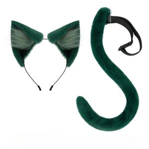 Tiara com orelhas de gato verdes e rabo comprido, acessório inspirado na Maomao de Diários de uma Apotecária